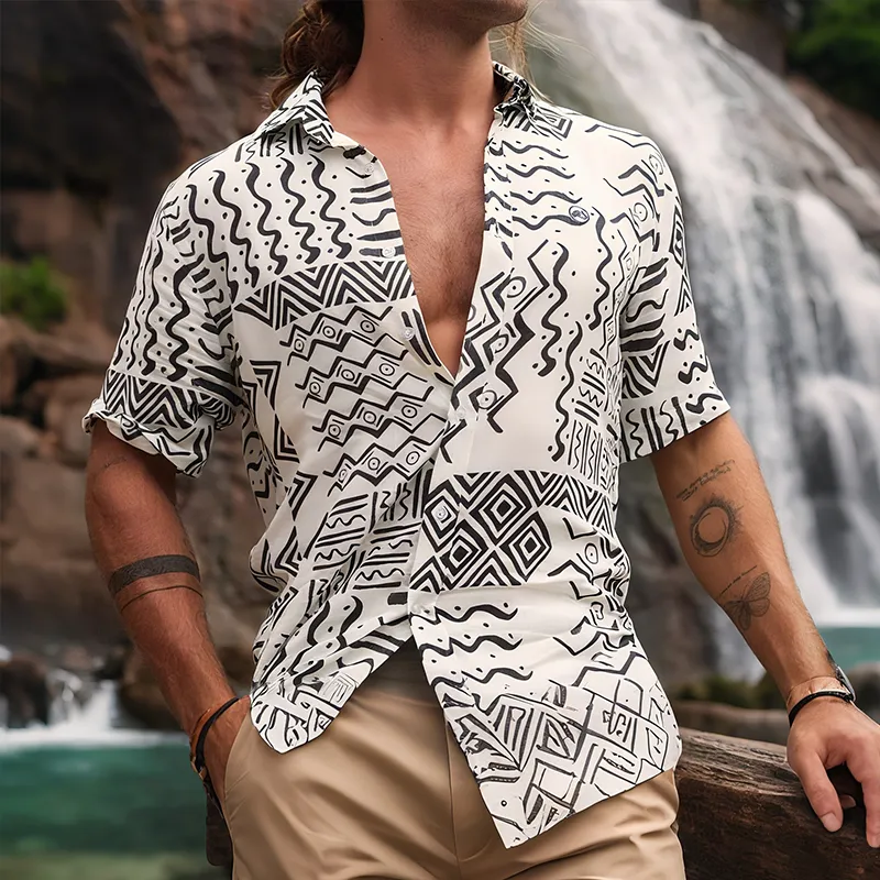 Men's Retro Casual Ethnic Style Geometric Print Lapel Short Sleeve T-shirt MTA2164G6TO sold by Manly product image thumbnail 2