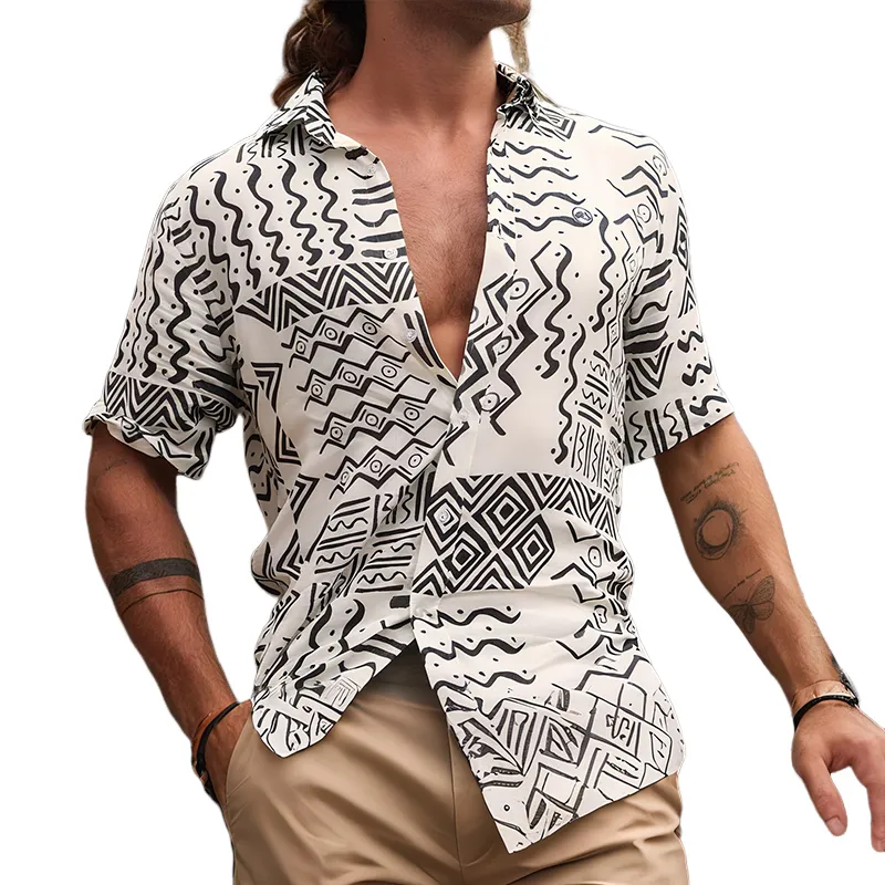 Men's Retro Casual Ethnic Style Geometric Print Lapel Short Sleeve T-shirt MTA2164G6TO sold by Manly