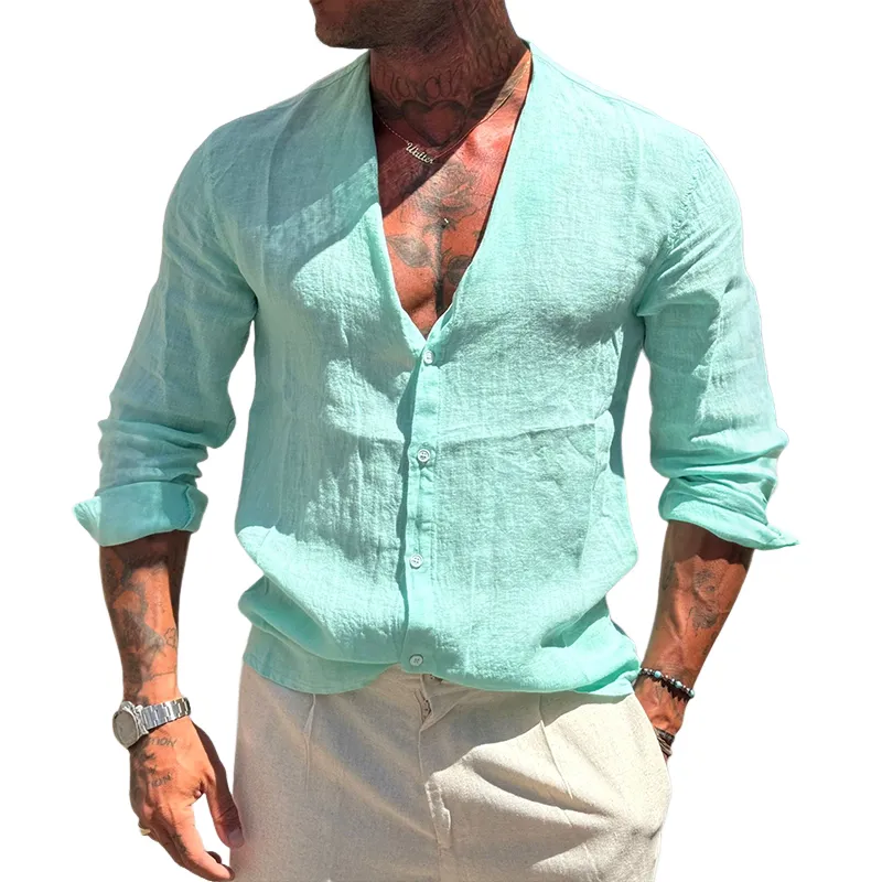 Men's Retro Casual Solid Color Linen Collarless Long Sleeve Shirt MTA2144G7TO sold by Manly