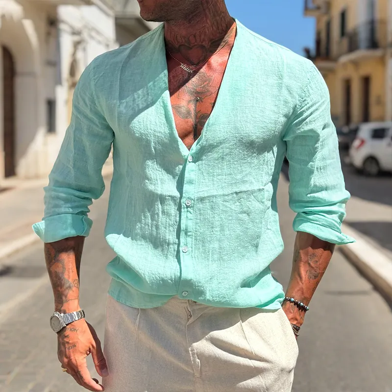 Men's Retro Casual Solid Color Linen Collarless Long Sleeve Shirt MTA2144G7TO sold by Manly product image thumbnail 5