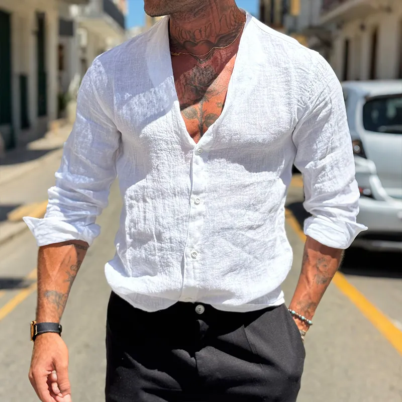 Men's Retro Casual Solid Color Linen Collarless Long Sleeve Shirt MTA2144G7TO sold by Manly product image thumbnail 4