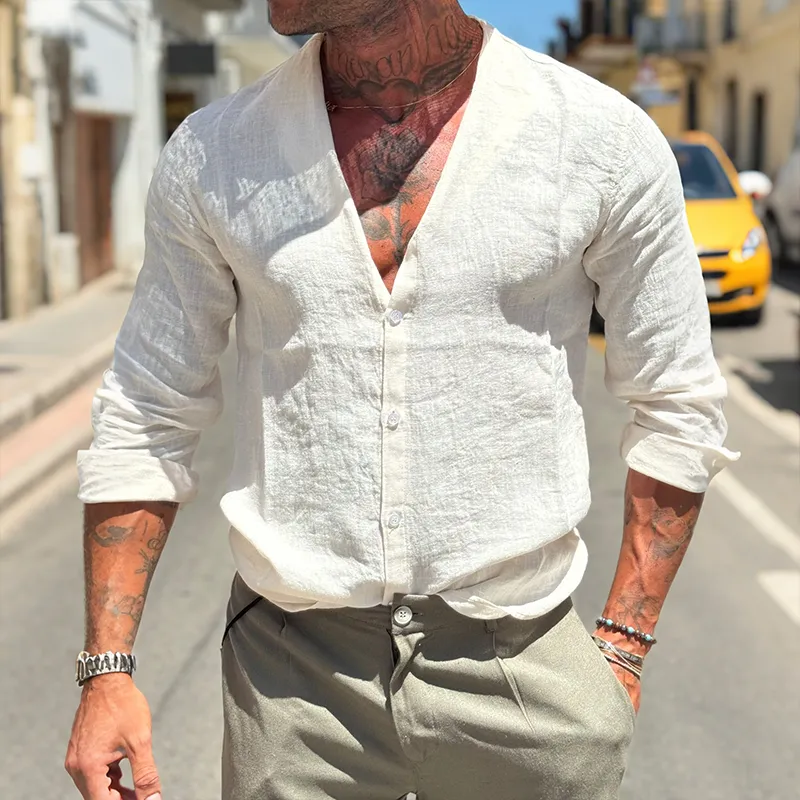 Men's Retro Casual Solid Color Linen Collarless Long Sleeve Shirt MTA2144G7TO sold by Manly product image thumbnail 3