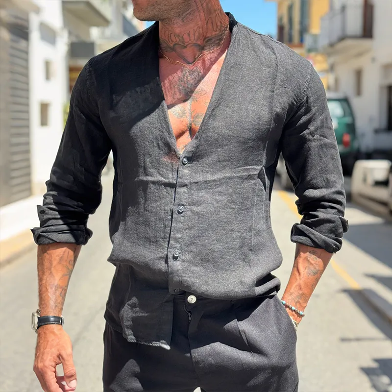 Men's Retro Casual Solid Color Linen Collarless Long Sleeve Shirt MTA2144G7TO sold by Manly product image thumbnail 2