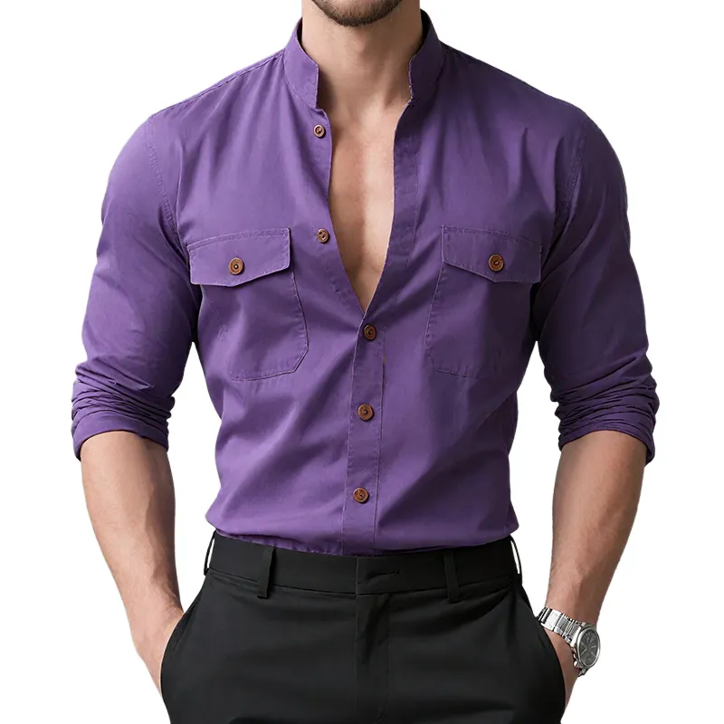 Men's Retro Casual Washed Stand Collar Multi-Pocket Long Sleeve Shirt MTA2133G6TO sold by Manly