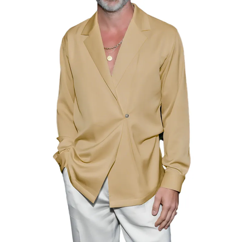 Men's Fashion Casual Satin Blazer Collar Irregular Placket One Button Long Sleeve Shirt MTA2186G8K sold by Manly