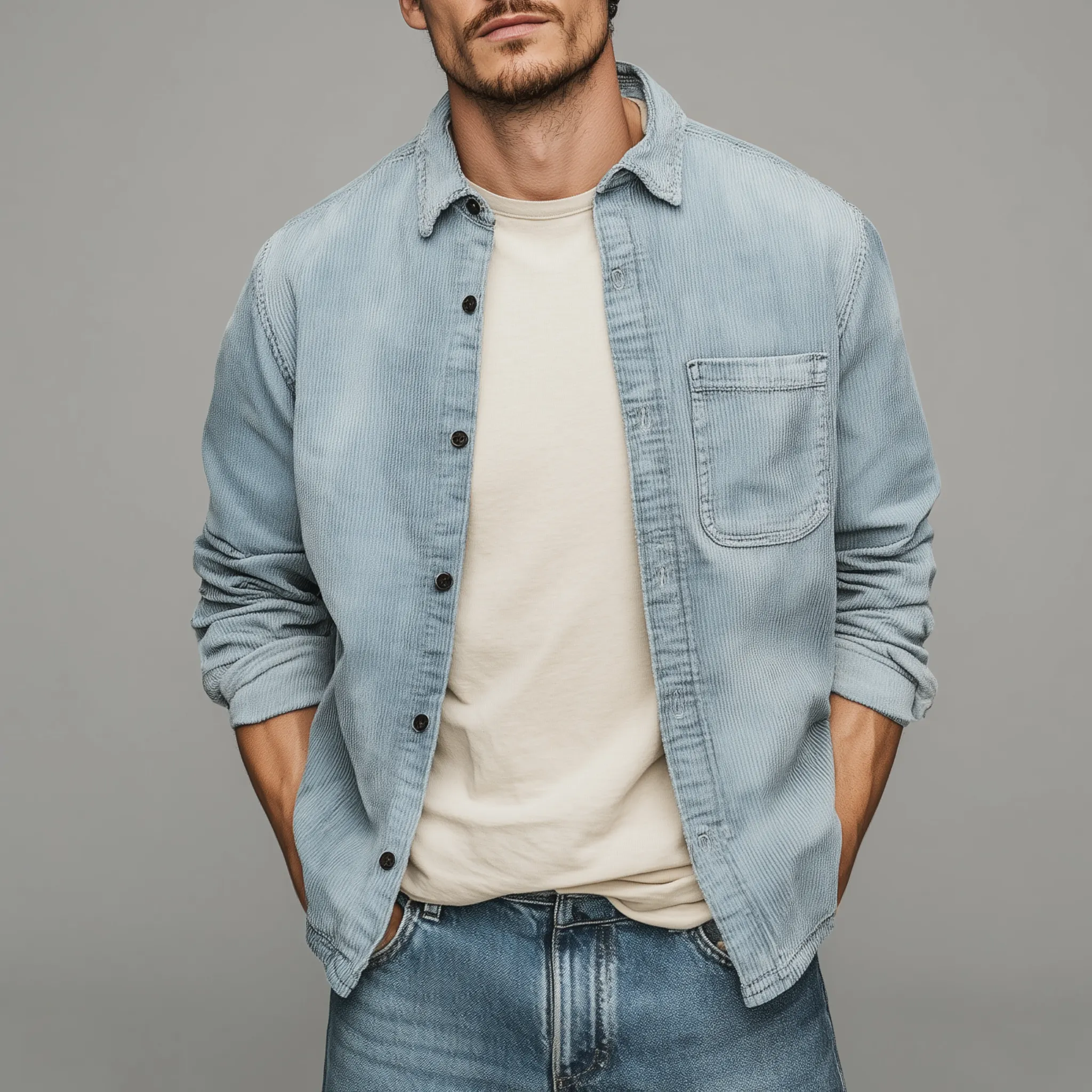 Men's Retro Casual Corduroy Washed Lightly Bleached Distressed Long-sleeved Shirt MTA1972G3K sold by Manly product image thumbnail 2