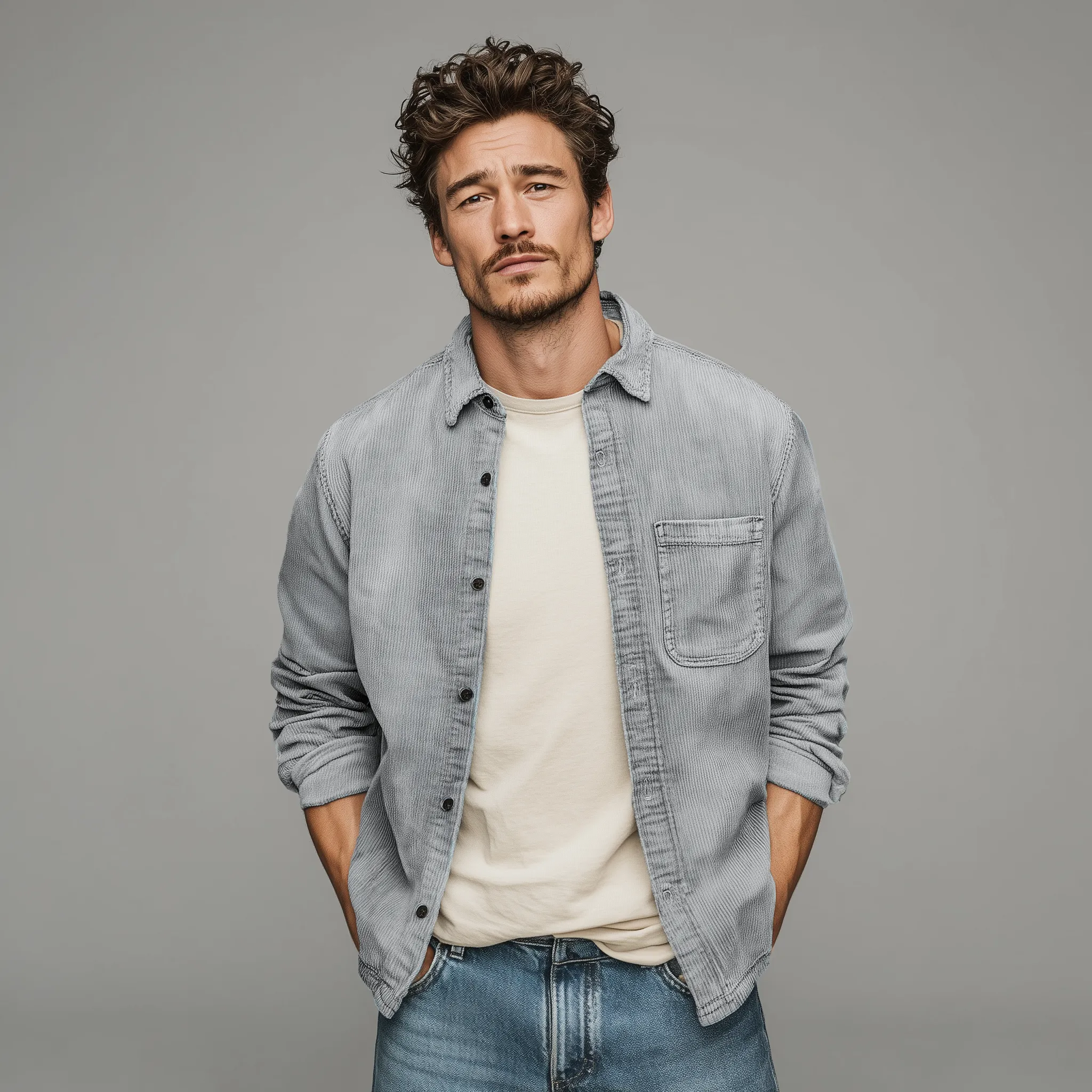 Men's Retro Casual Corduroy Washed Lightly Bleached Distressed Long-sleeved Shirt MTA1972G3K sold by Manly product image thumbnail 3