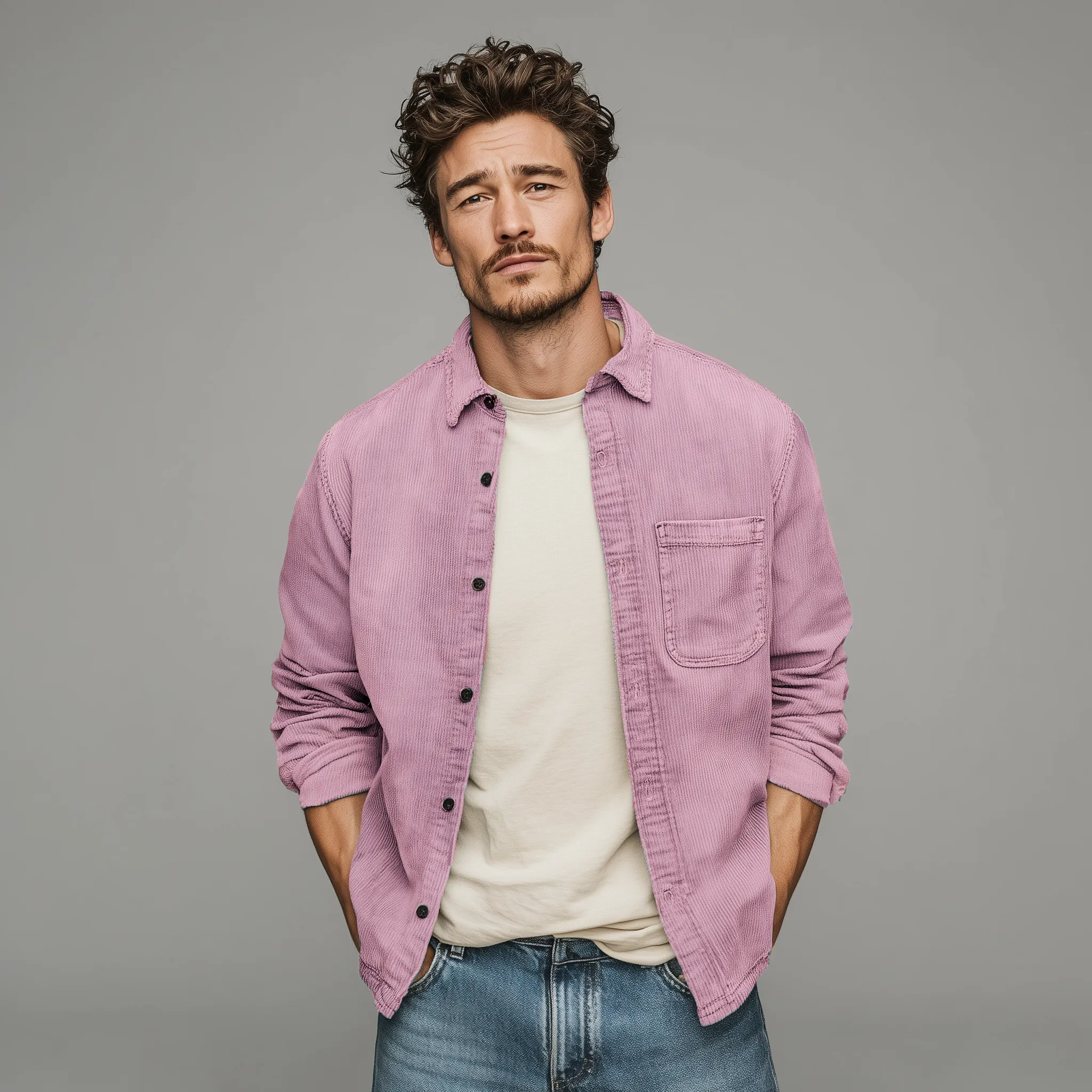 Men's Retro Casual Corduroy Washed Lightly Bleached Distressed Long-sleeved Shirt MTA1972G3K sold by Manly product image thumbnail 4