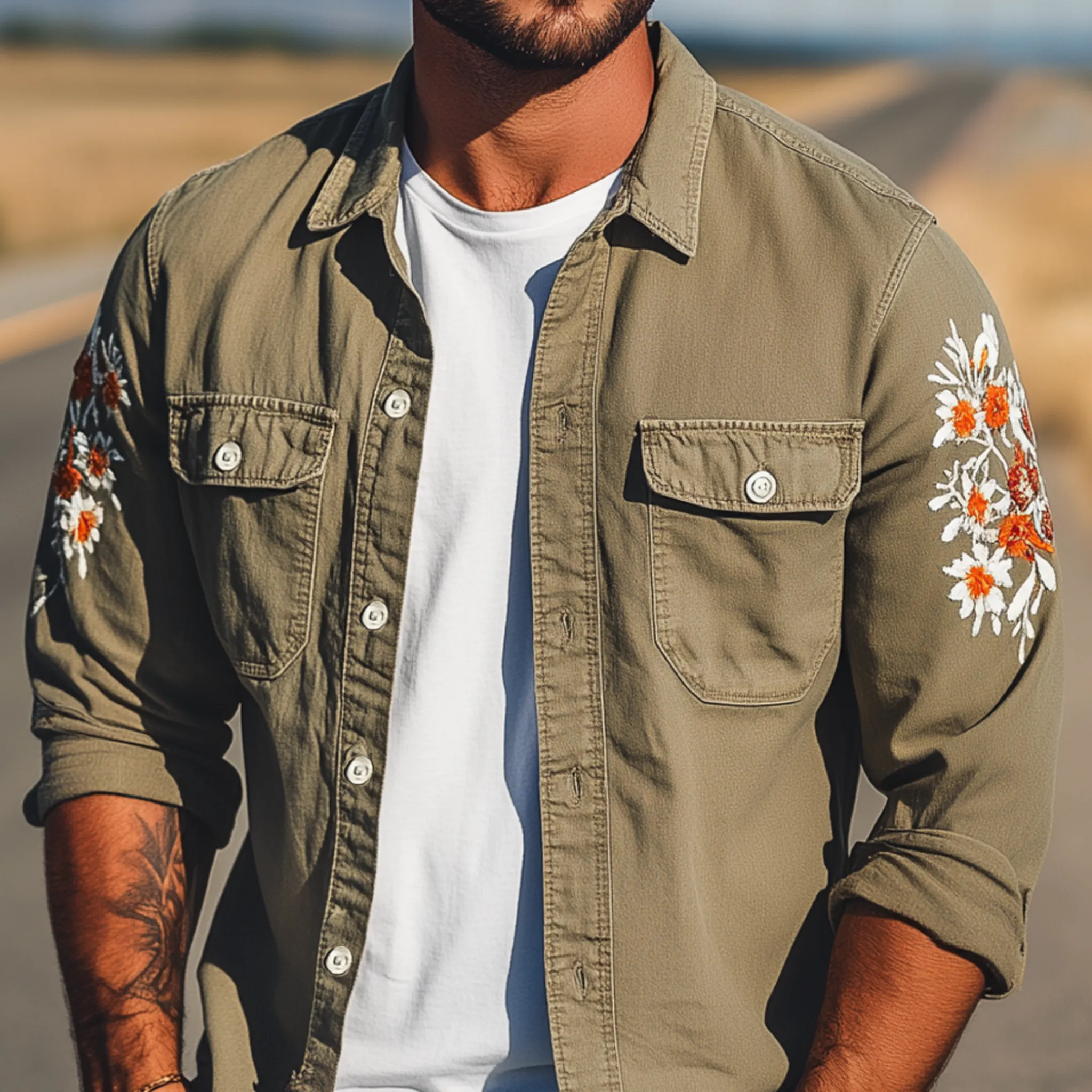 Men's Vintage Casual Washed Cotton Blend Sleeve Embroidered Long Sleeve Shirt MTA1917G1K sold by Manly product image thumbnail 4