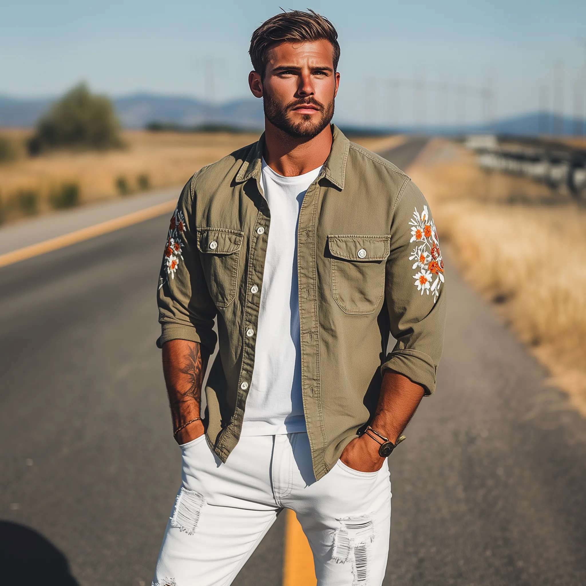 Men's Vintage Casual Washed Cotton Blend Sleeve Embroidered Long Sleeve Shirt MTA1917G1K sold by Manly product image thumbnail 3