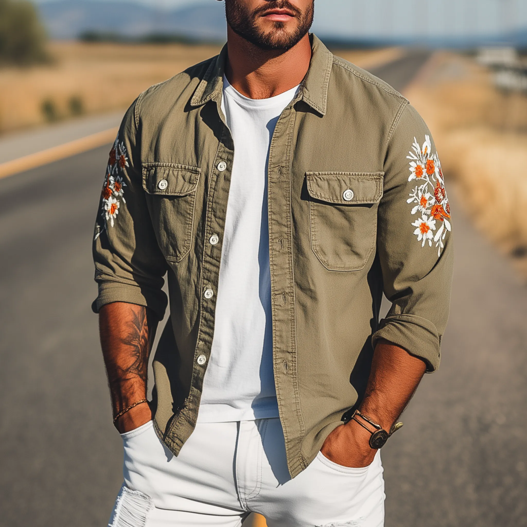 Men's Vintage Casual Washed Cotton Blend Sleeve Embroidered Long Sleeve Shirt MTA1917G1K sold by Manly product image thumbnail 2