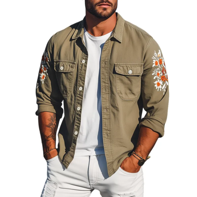 Men's Vintage Casual Washed Cotton Blend Sleeve Embroidered Long Sleeve Shirt MTA1917G1K sold by Manly