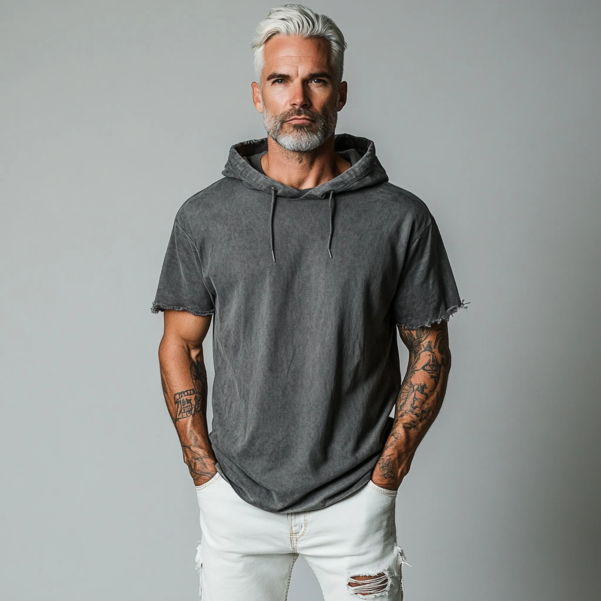 Men's Classic Casual Cotton Blend Washed Hooded Cuffs Raw Edge Craft Short-sleeved T-shirt MTA2131G9K sold by Manly product image thumbnail 3