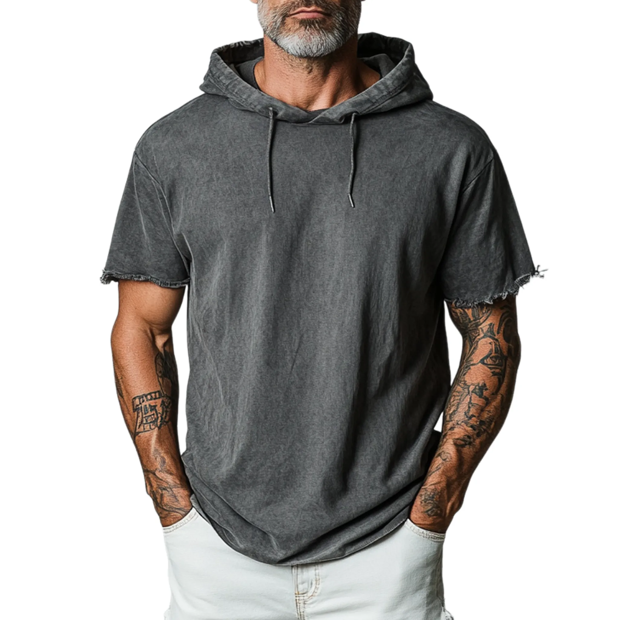 Men's Classic Casual Cotton Blend Washed Hooded Cuffs Raw Edge Craft Short-sleeved T-shirt MTA2131G9K sold by Manly