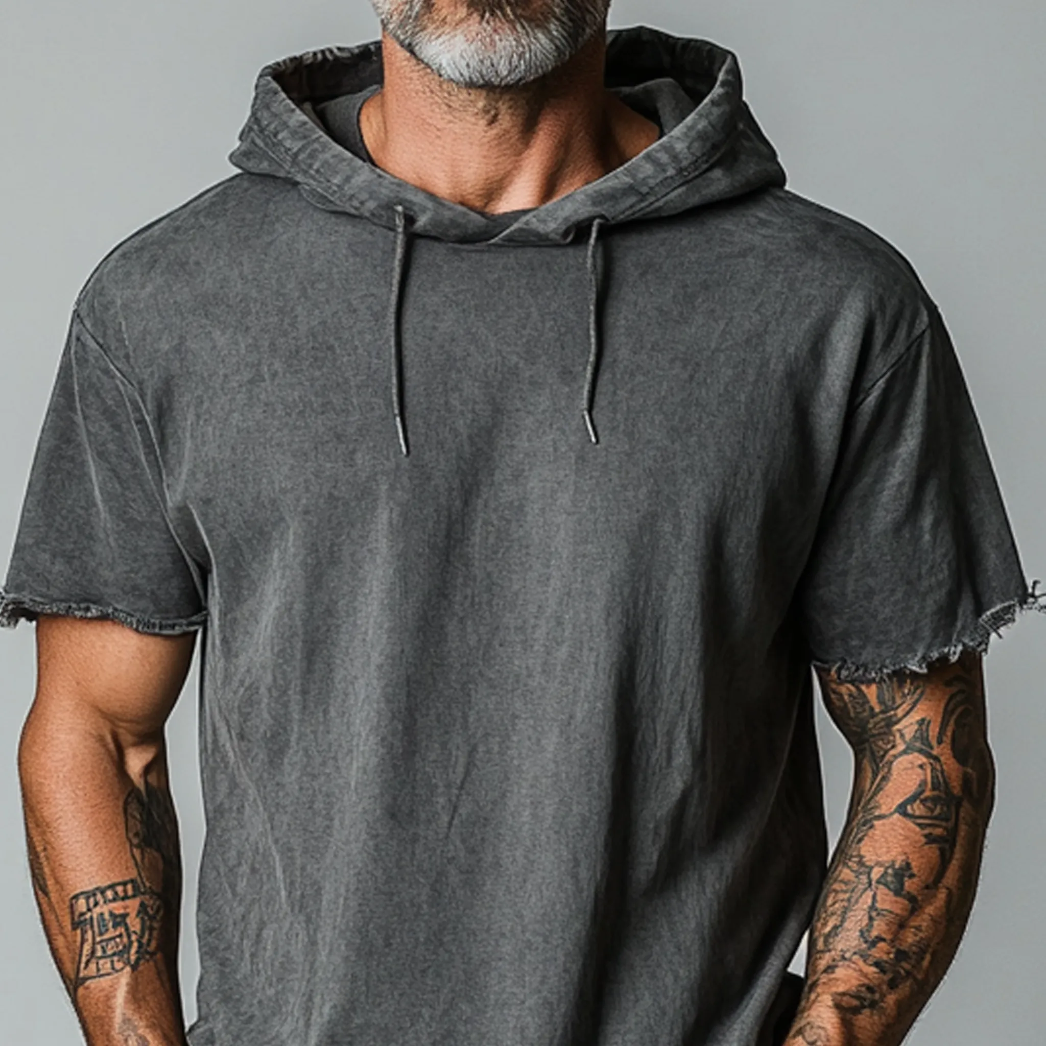 Men's Classic Casual Cotton Blend Washed Hooded Cuffs Raw Edge Craft Short-sleeved T-shirt MTA2131G9K sold by Manly product image thumbnail 4