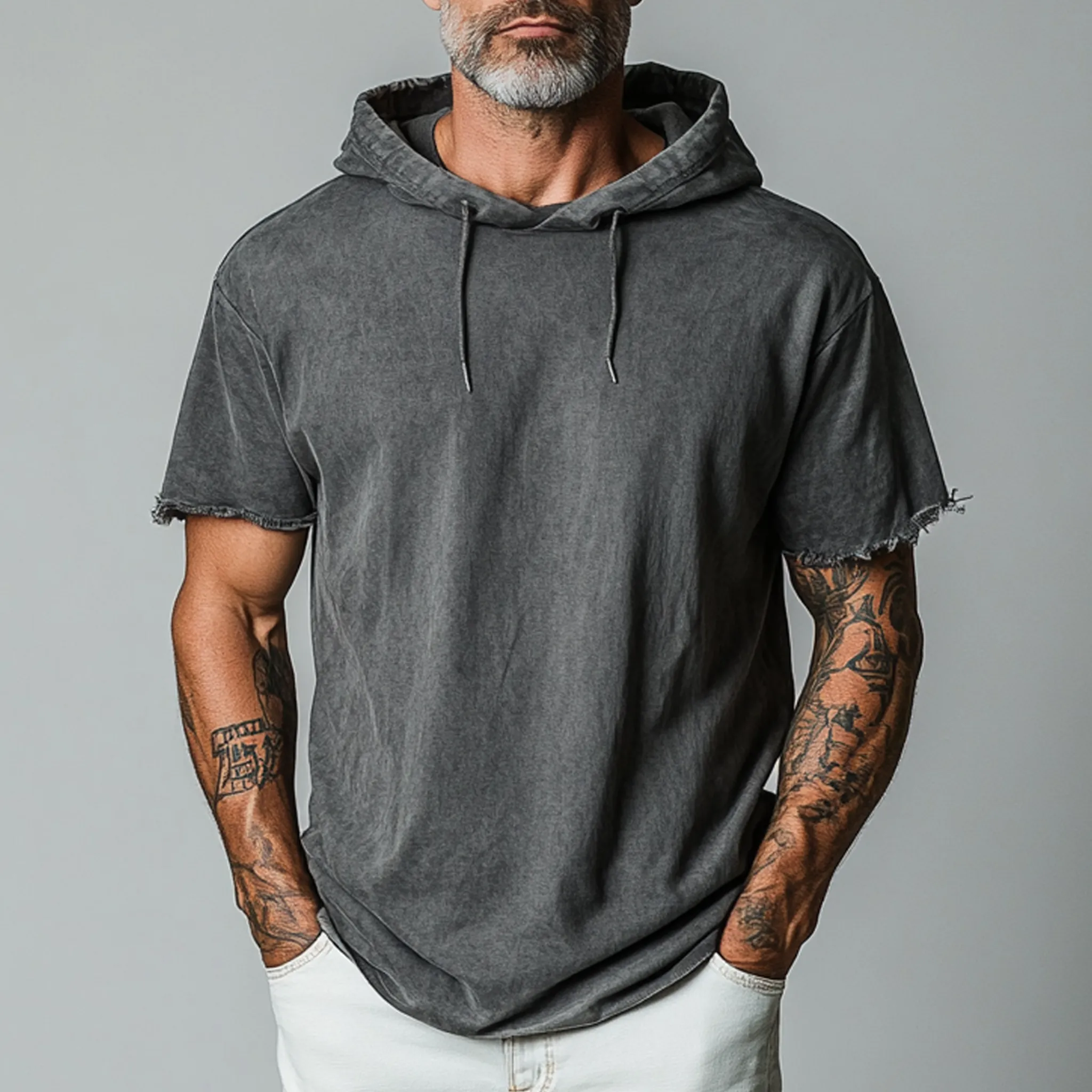 Men's Classic Casual Cotton Blend Washed Hooded Cuffs Raw Edge Craft Short-sleeved T-shirt MTA2131G9K sold by Manly product image thumbnail 2