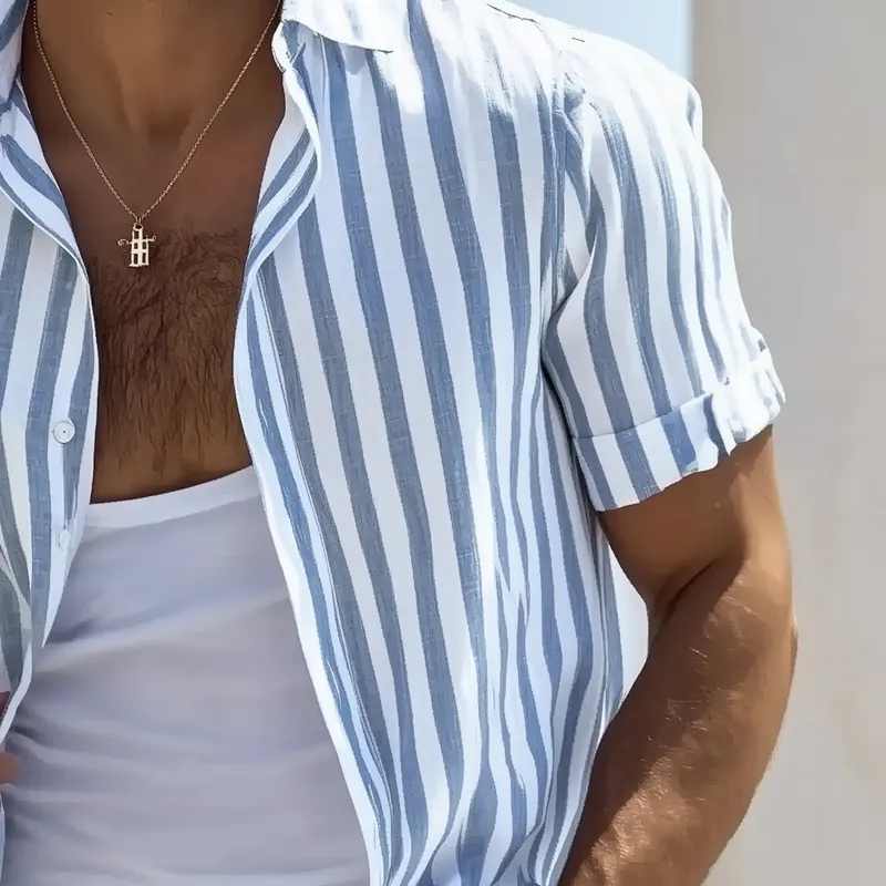 Men's Cotton And Linen Striped Short-sleeved Shirt MTA2106G1X sold by Manly product image thumbnail 4