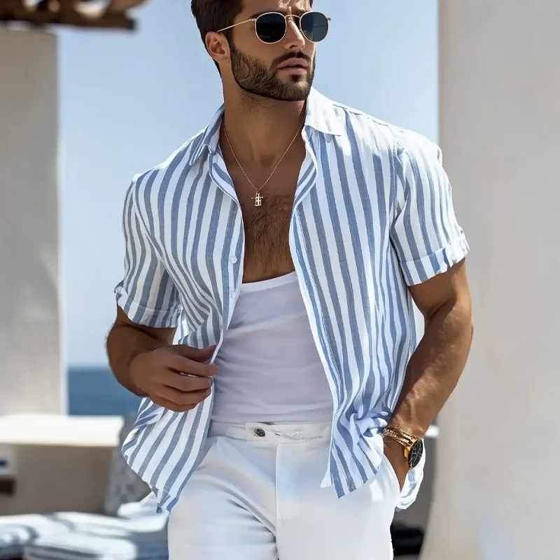 Men's Cotton And Linen Striped Short-sleeved Shirt MTA2106G1X sold by Manly product image thumbnail 3