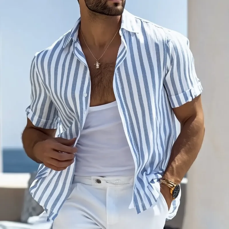 Men's Cotton And Linen Striped Short-sleeved Shirt MTA2106G1X sold by Manly product image thumbnail 2