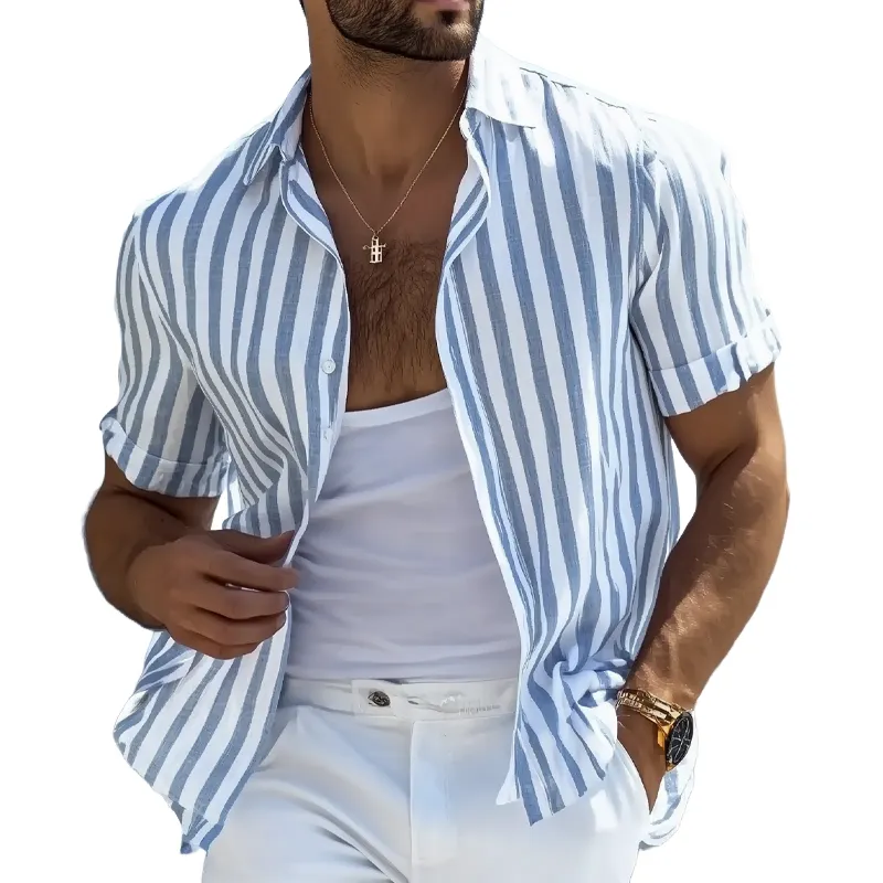 Men's Cotton And Linen Striped Short-sleeved Shirt MTA2106G1X sold by Manly