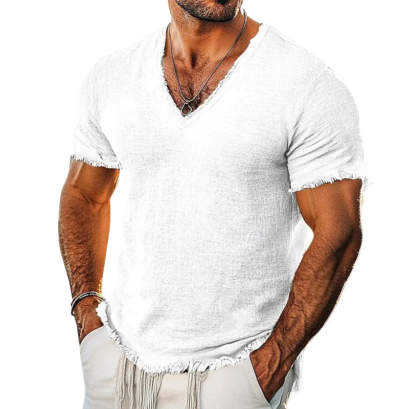 Men's Cotton And Linen Solid Color Raw Edge V-neck Short-sleeved T-shirt MTA2163G0X sold by Manly