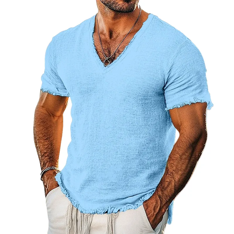 Men's Cotton And Linen Solid Color Raw Edge V-neck Short-sleeved T-shirt MTA2163G0X sold by Manly product image thumbnail 4