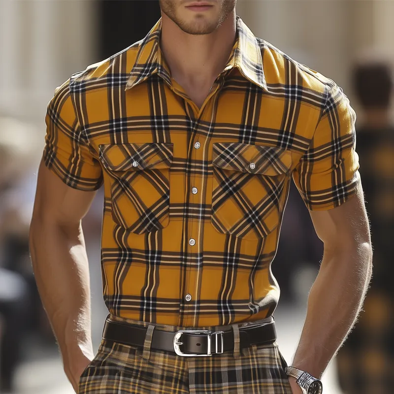 Men's Summer Classic Yellow Plaid Short Sleeve Shirt MTA2114G6U sold by Manly product image thumbnail 2