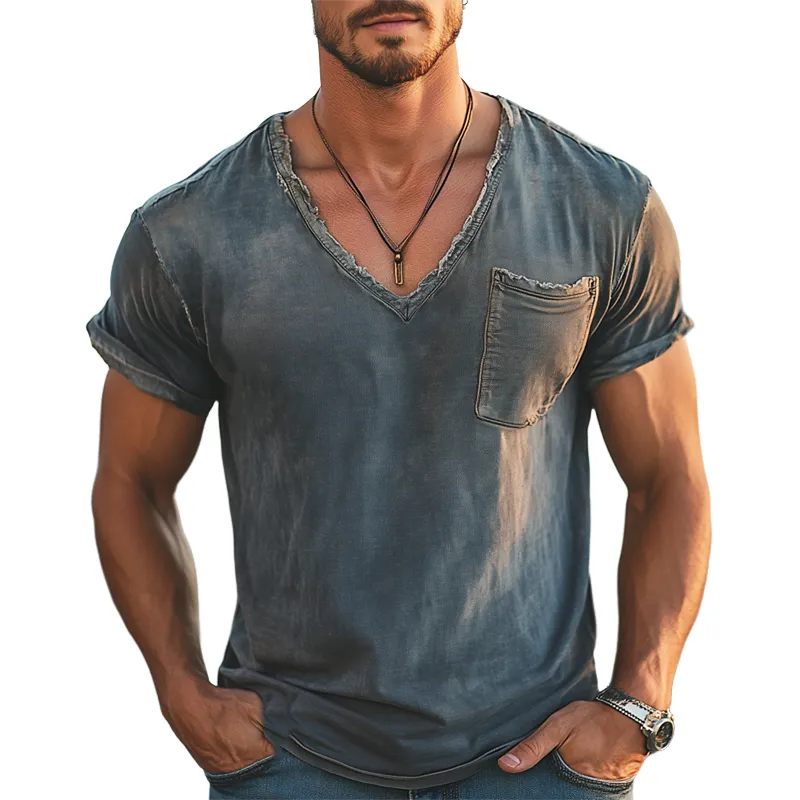 Men's Summer Casual Deep V-neck Raw Edge Short-sleeved T-shirt MTA1973G0U sold by Manly
