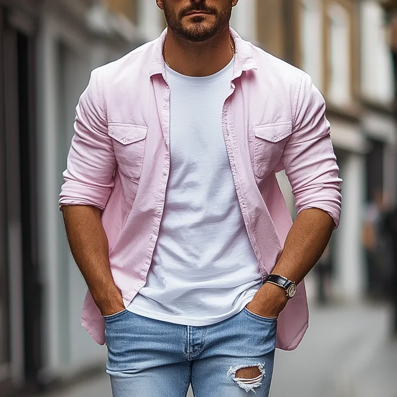 Men's Basic Solid Color Cotton Blend Long Sleeve Shirt MTA2182G1P sold by Manly product image thumbnail 2