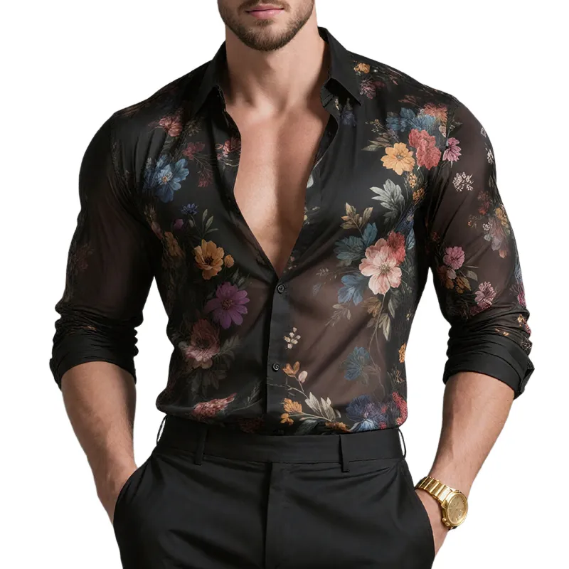 Men's Floral Print Chiffon Lapel Long Sleeve Shirt MTA2124G7Z sold by Manly