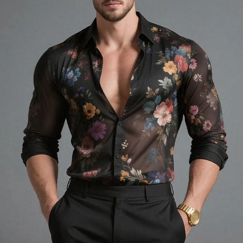 Men's Floral Print Chiffon Lapel Long Sleeve Shirt MTA2124G7Z sold by Manly product image thumbnail 2