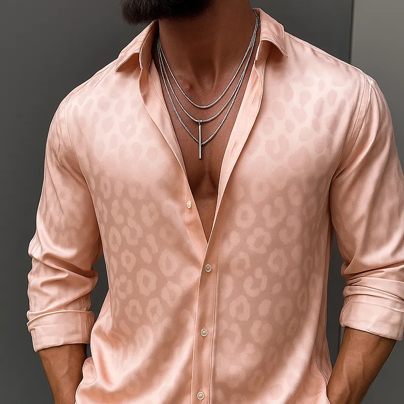 Men's Leopard Satin Lapel Long Sleeve Shirt MTA2135G0Z sold by Manly product image thumbnail 3