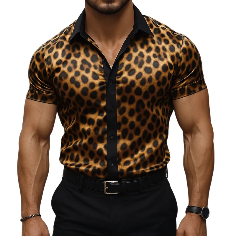 Men's Leopard Satin Lapel Short Sleeve Shirt MTA2109G5Z sold by Manly