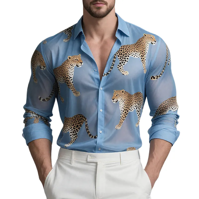 Men's Leopard Print Chiffon Lapel Long Sleeve Shirt MTA2120G3Z sold by Manly