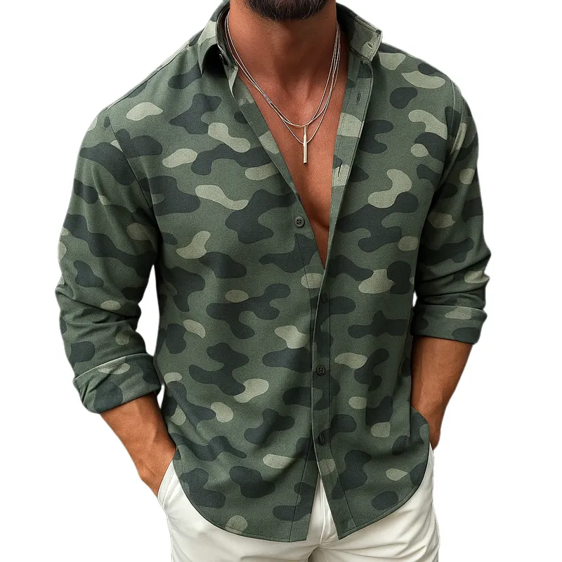 Men's Camouflage Print Lapel Long Sleeve Shirt MTA2194G4Z sold by Manly