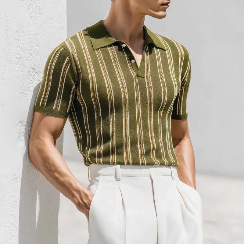 Men's Casual Breathable Contrast Striped Lapel Slim Knitted Short-sleeved Polo Shirt MTA2263G1M sold by Manly product image thumbnail 2