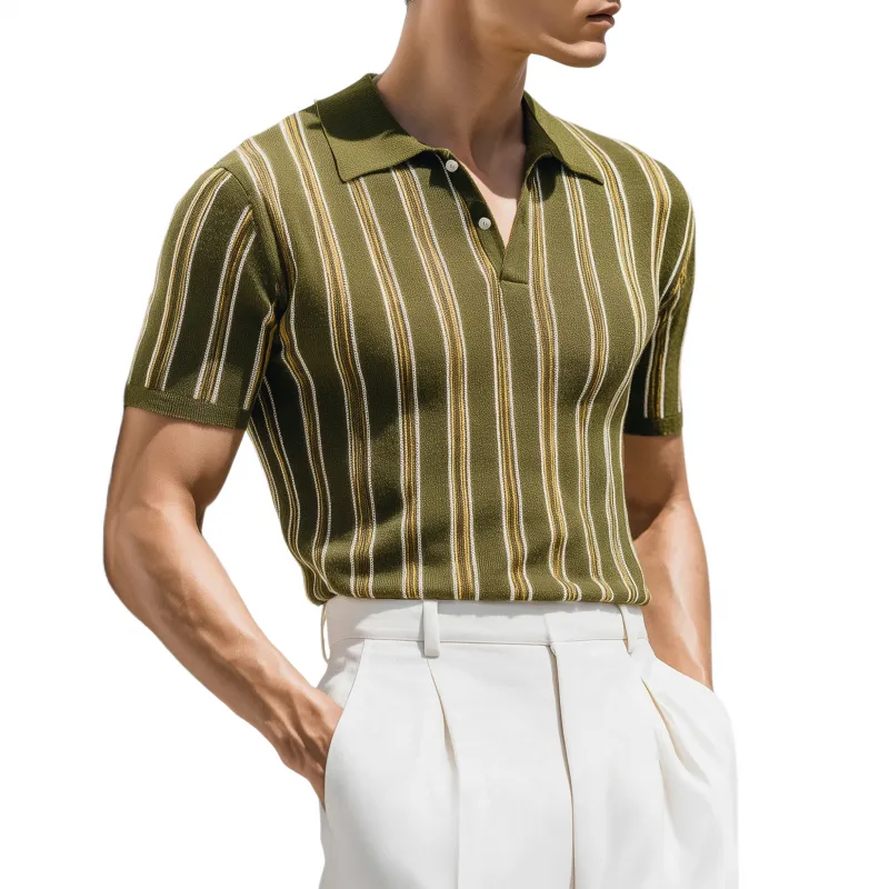 Men's Casual Breathable Contrast Striped Lapel Slim Knitted Short-sleeved Polo Shirt MTA2263G1M sold by Manly