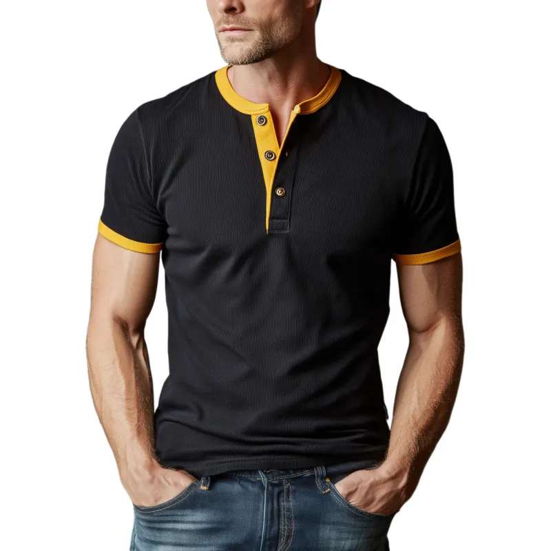 Men's Casual Cotton Blend Colorblock Ribbed Henley Collar Slim Fit Short Sleeve T-Shirt MTA2391G8M sold by Manly