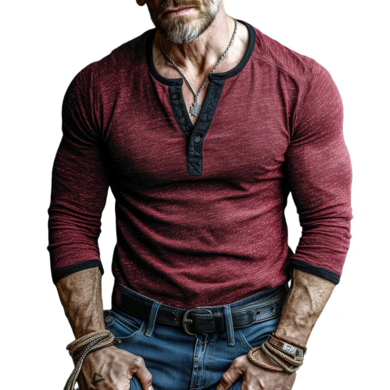 Men's Casual Cotton Contrast Color Patchwork Henry Collar Slim Fit Long Sleeve T-Shirt MTA2299G0M sold by Manly