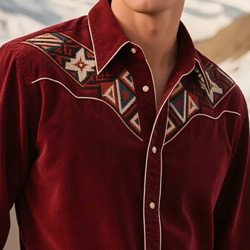 Men's Vintage Casual Western Corduroy Embroidered Lapel Long Sleeve Shirt MTA2204G1TO sold by Manly product image thumbnail 3