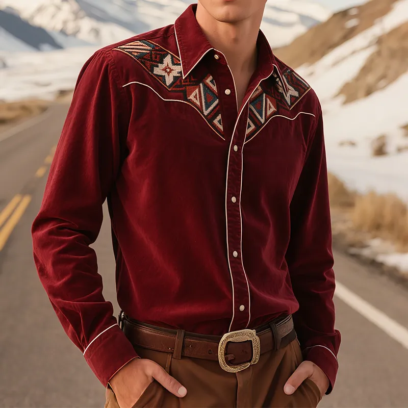 Men's Vintage Casual Western Corduroy Embroidered Lapel Long Sleeve Shirt MTA2204G1TO sold by Manly product image thumbnail 2