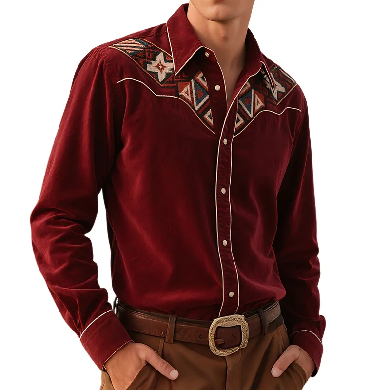 Men's Vintage Casual Western Corduroy Embroidered Lapel Long Sleeve Shirt MTA2204G1TO sold by Manly