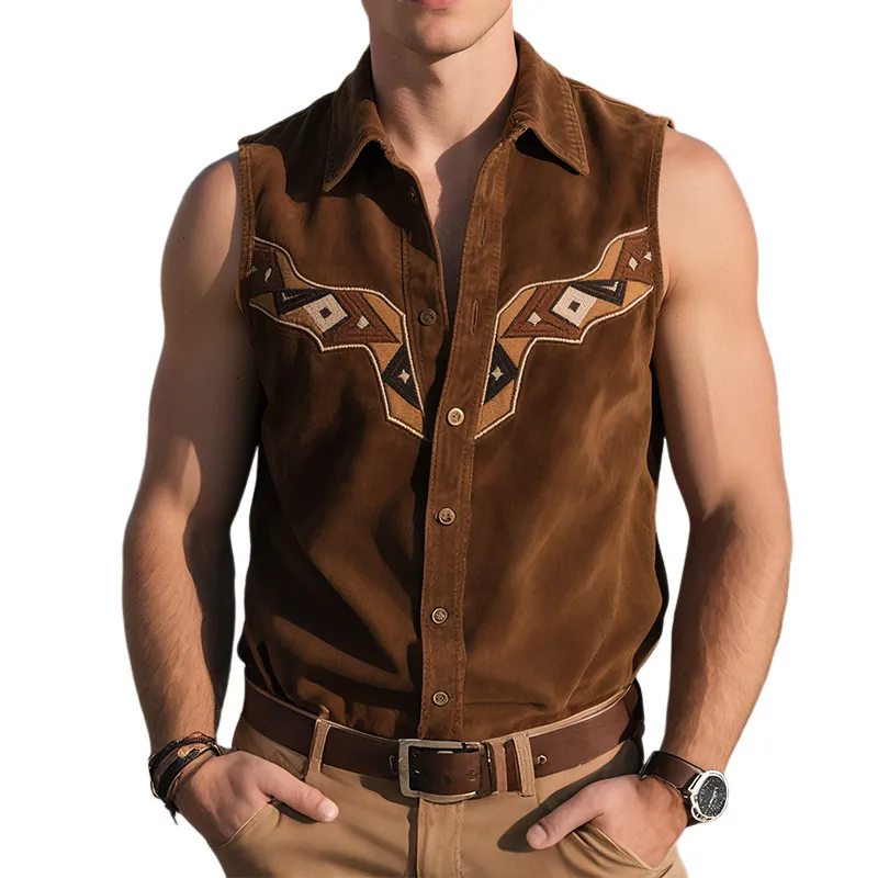 Men's Vintage Casual Western Suede Geometric Embroidery Lapel Sleeveless Shirt MTA2297G8TO sold by Manly