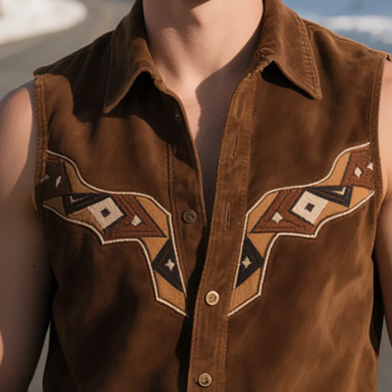 Men's Vintage Casual Western Suede Geometric Embroidery Lapel Sleeveless Shirt MTA2297G8TO sold by Manly product image thumbnail 3