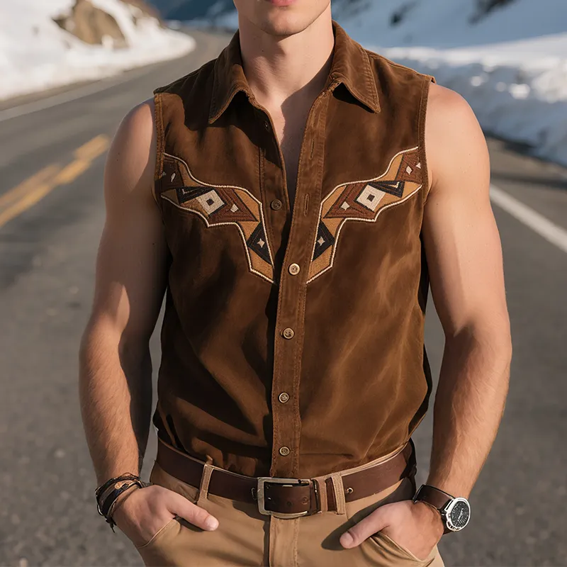 Men's Vintage Casual Western Suede Geometric Embroidery Lapel Sleeveless Shirt MTA2297G8TO sold by Manly product image thumbnail 2