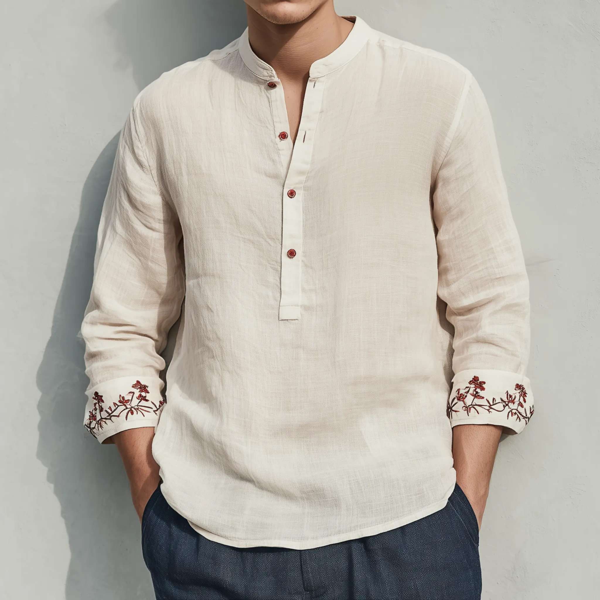 Men's Classic Casual Henley Collar Cotton And Linen Cuff Embroidery Loose Long Sleeve Shirt MTA2308G1K sold by Manly product image thumbnail 2