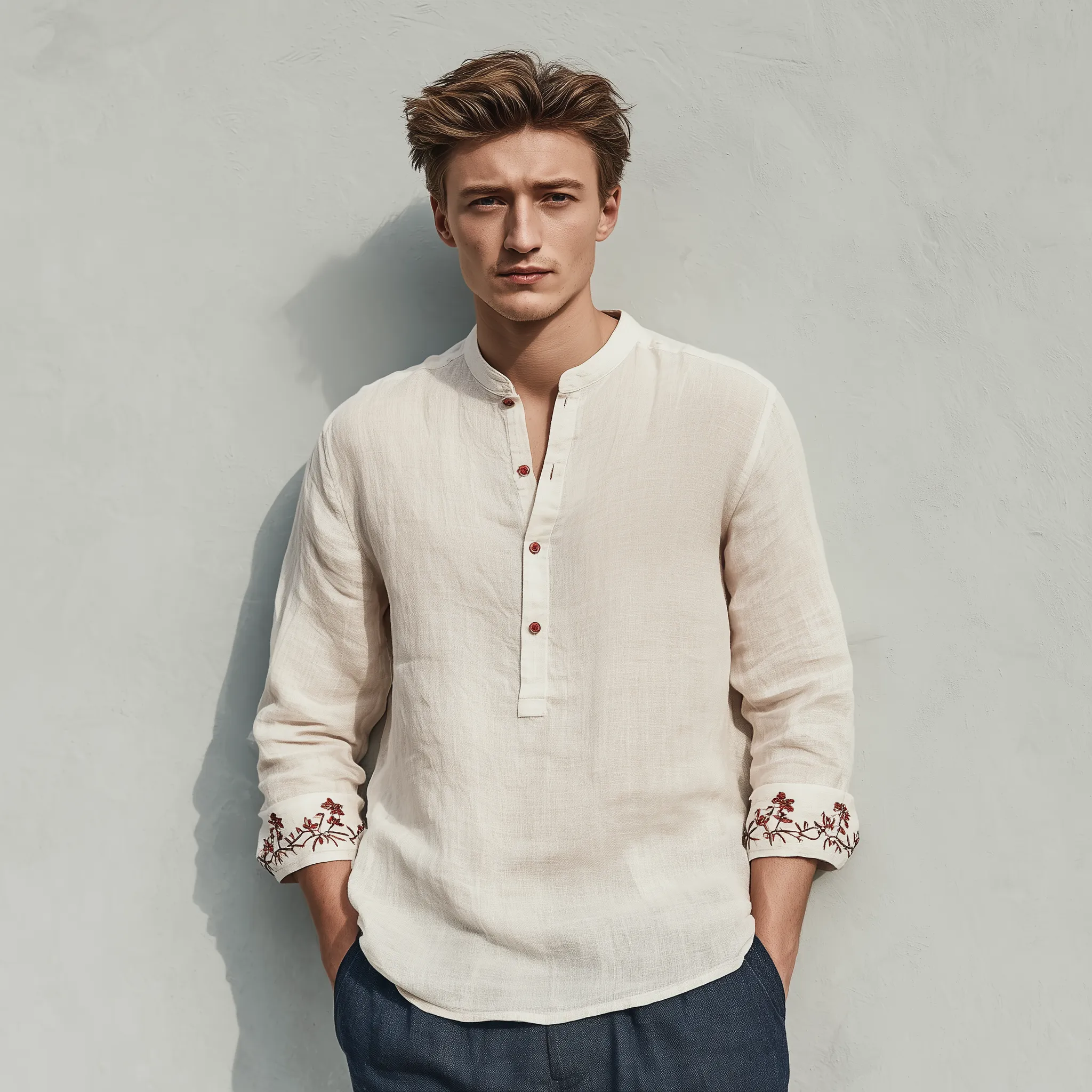 Men's Classic Casual Henley Collar Cotton And Linen Cuff Embroidery Loose Long Sleeve Shirt MTA2308G1K sold by Manly product image thumbnail 3