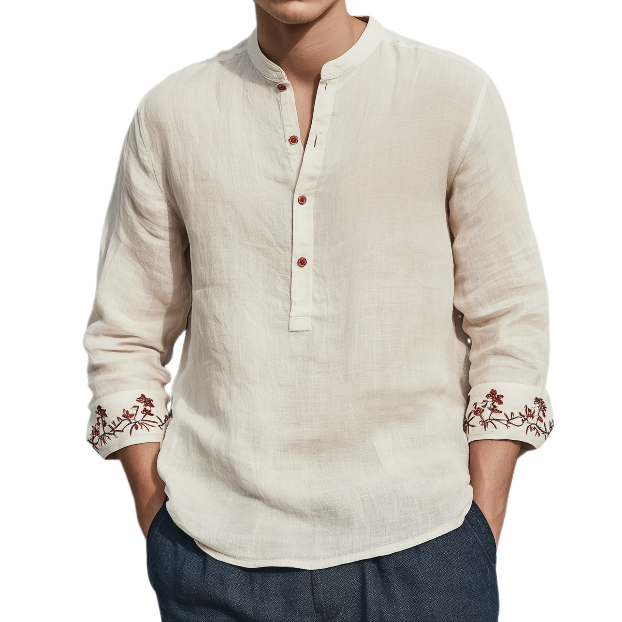 Men's Classic Casual Henley Collar Cotton And Linen Cuff Embroidery Loose Long Sleeve Shirt MTA2308G1K sold by Manly