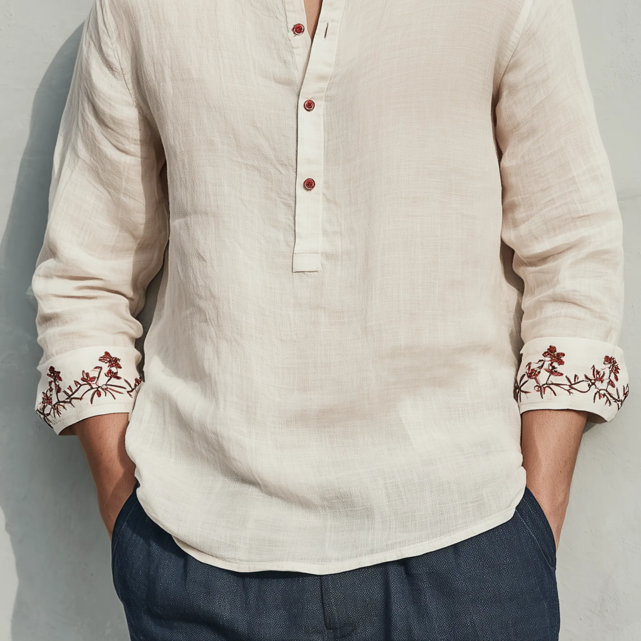 Men's Classic Casual Henley Collar Cotton And Linen Cuff Embroidery Loose Long Sleeve Shirt MTA2308G1K sold by Manly product image thumbnail 5