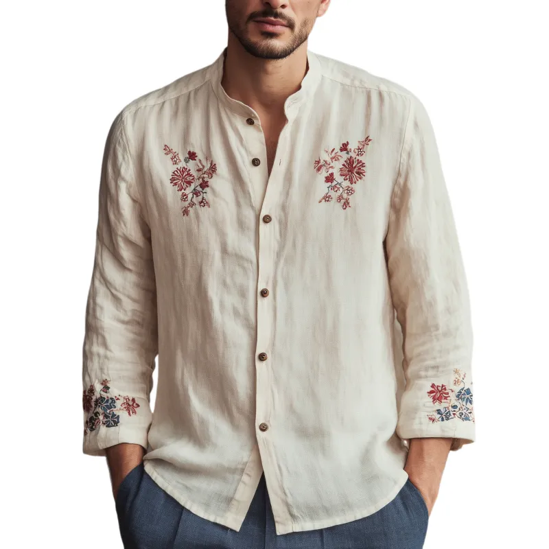 Men's Classic Casual Stand-up Collar Cotton Linen Cuffs And Chest Embroidery Loose Long Sleeve Shirt MTA2331G8K sold by Manly